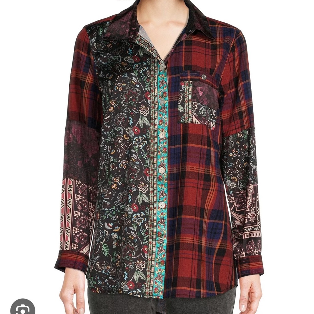 John Mark Floral Plaid Mixed Print Yarn Dye Long Sleeve Button Down Tunic.